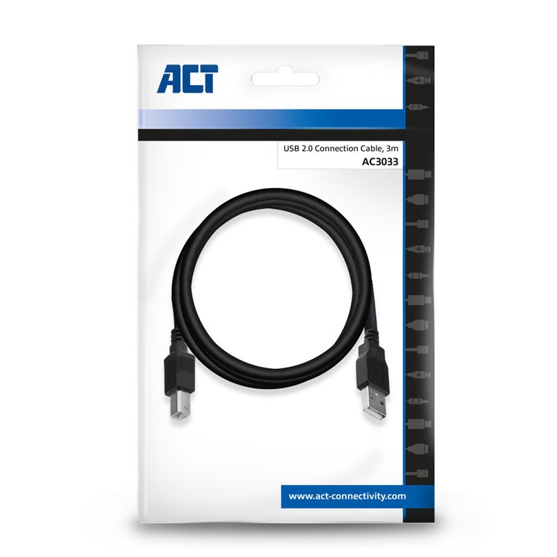 ACT USB 2.0 aansluitkabel A male - B male, 3 meter