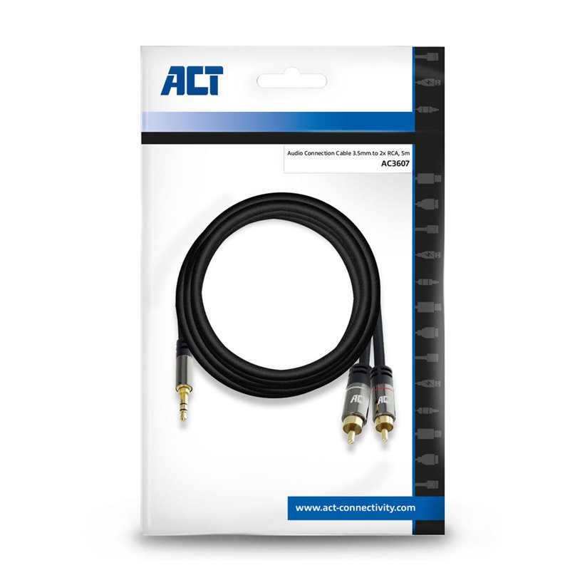 ACT 5 meter High Quality audio aansluitkabel 1x 3,5mm stereo jack male - 2x tulp male