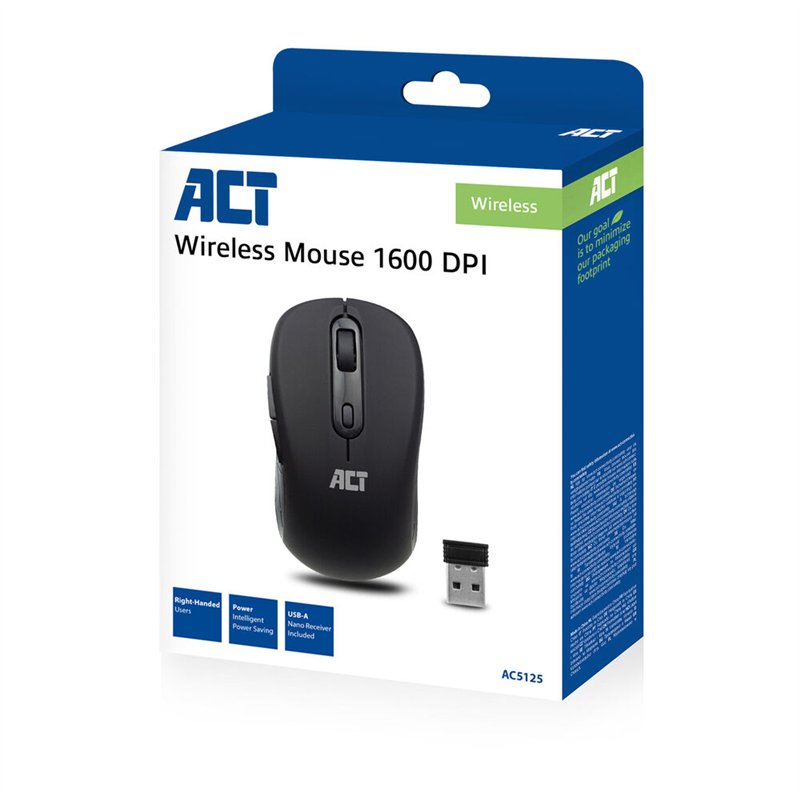 ACT Draadloze muis, USB nano-ontvanger, 1600 dpi, zwart